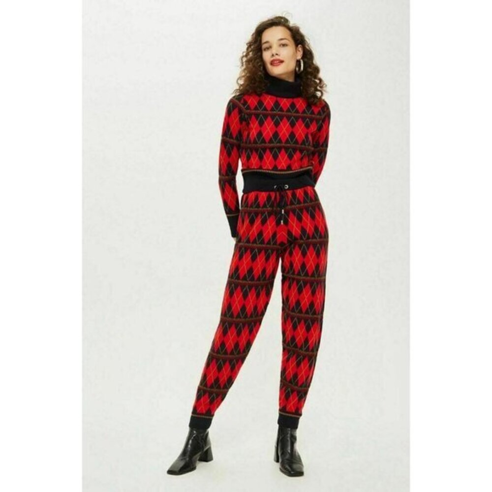 TOPSHOP Knit Pants Argyle Print Red Black Knit Jogger Pants SZ 4 NEW